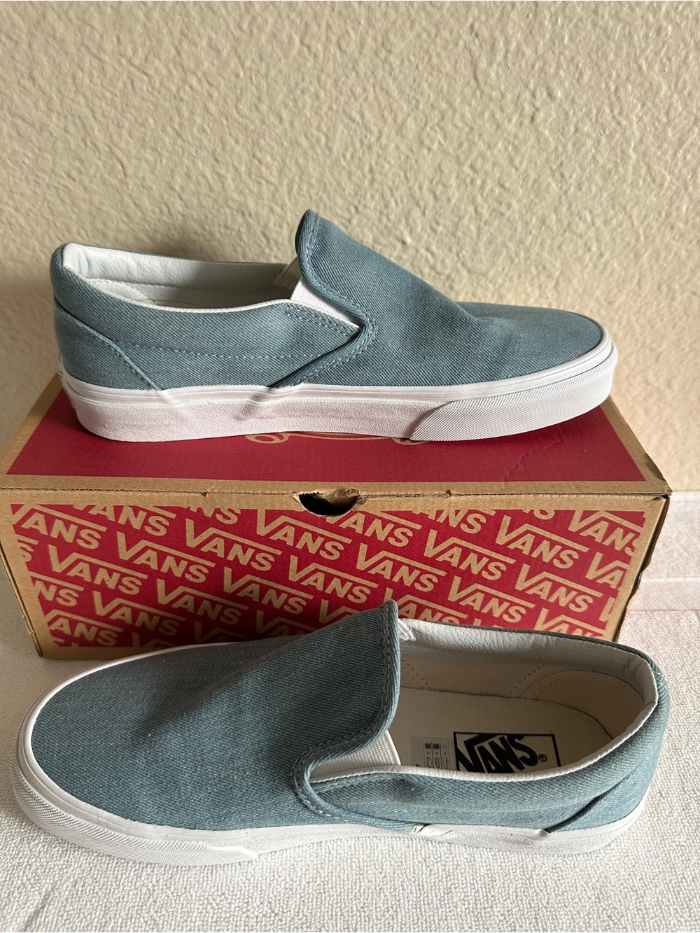 Vans Slip-On Sneakers in Dusty Teal and White